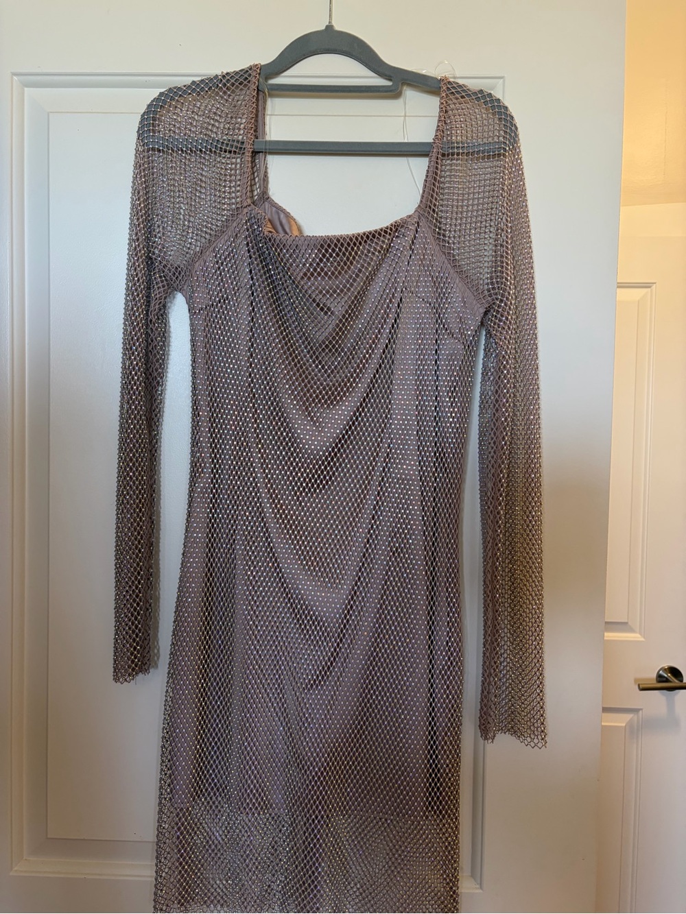 Mesh Overlay Long Sleeve Dress in Taupe
